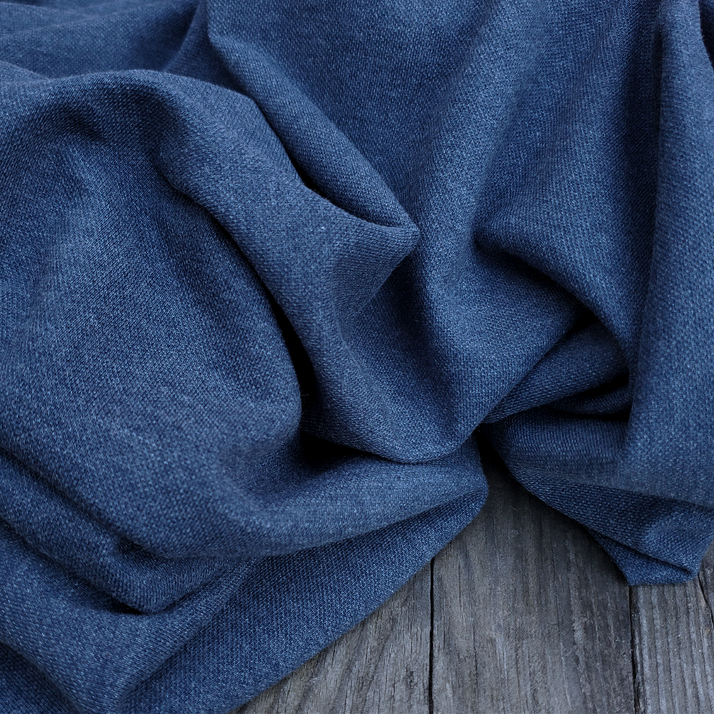 Tissu Jersey piqué coton / maille polo - Bleu jean foncé chiné Oekotex x20cm