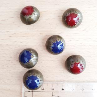 Lot 6 boutons demi-boule bordeaux et bleu coloris bronze